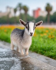 Clean Young Goat near City Fountain