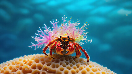 A hermit crab with pink coral on its back sitting on a yellow coral with blue background underwater