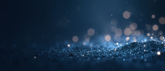 An enchanting dark blue abstract background illuminated by luminous tiny particles softly floating and shimmering, evoking a dreamy cosmic mood ideal for modern high-tech or elegant concepts.