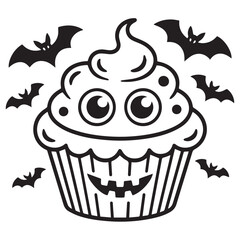 Spooky Horror Cupcake Character with Graveyard Background &ndash; Black and White Vector