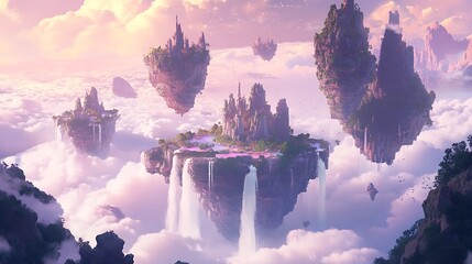 Floating City in the Sky: A surreal, dreamlike landscape of majestic castles and lush islands suspended in the clouds, creating a fantastical scene of wonder. 