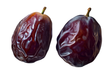 Realistic date fruits isolated on a transparent background showcasing rich textures and deep color variations typical of fully ripened dates