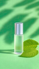 Clear Rollerball Bottle with Silver Cap Next to Green Leaves on Light Green Background