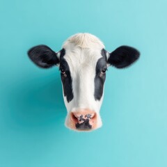 Close Up Black And White Cow Head Against Teal Background