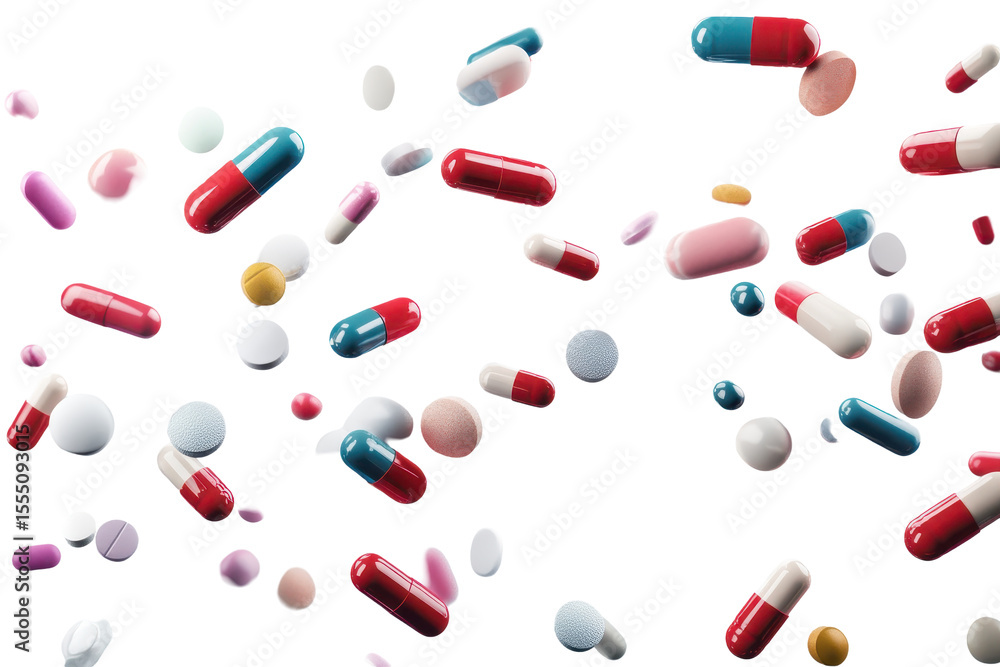 Aufkleber capsules and tablets scattered against a transparent background in a colorful display of diverse pha