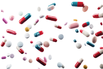 Capsules and tablets scattered against a transparent background in a colorful display of diverse pharmaceutical products and supplements