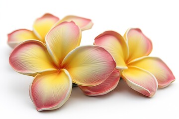 Three yellow and pink plumeria flowers, isolated on a white background,