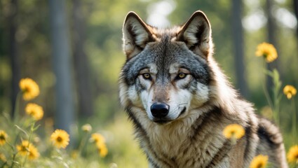 Obraz premium Wolf in a natural setting with yellow flowers and green trees. Wildlife and nature scene. Forest and animal habitat. The concept of wilderness and wildlife.