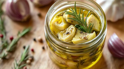 Jar of marinated artichoke hearts with rosemary, garlic, and peppercorns.