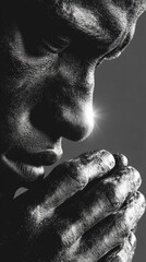 Close Up Grayscale Portrait of a Praying Man