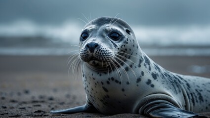 A seal on the beach with a cloudy sky and ocean in the background. Marine life and wildlife, nature scene. The seal resting on the sand.