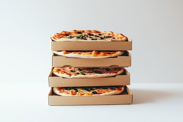 Three brown cardboard pizza boxes stacked on top of each other, on a white background,