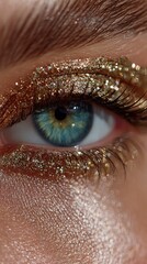 Close-up of a Blue Eye with Gold Glitter Makeup and Diagonal Fade