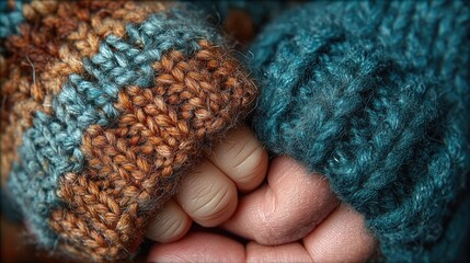 Close-up of a Baby's Hand Held in Knitted Gloves