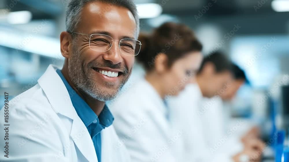 Poster a multicultural team of scientists collaborates in a cutting-edge laboratory setting.