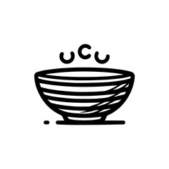 A simple black and white illustration of a striped bowl with bubbles rising above.