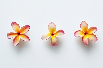 Three yellow and pink plumeria flowers, isolated on a white background,