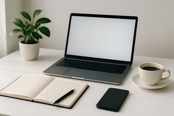 Fototapeta premium Minimal workspace with laptop, notebook and coffee
