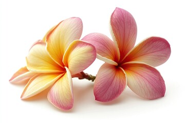 Three yellow and pink plumeria flowers, isolated on a white background,