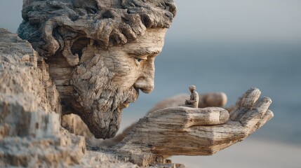 Close-Up of a Granular Stone Statue Gently Holding a Tiny Figure