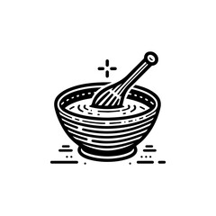A bowl with liquid being stirred by a whisk, depicted in a simple, graphic style.