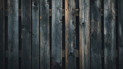Obraz premium Wooden fence with vertical planks in dark and weathered tones. Rustic and natural appearance._TEXTURE and wood surface detail.
