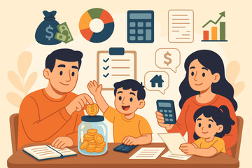 Family Budget Planning and Money Management Concept. Parents and Children Saving Money, Calculating Expenses, Financial Education, Household Income, Investment, Financial Literacy Vector Illustration
