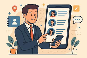 Businessman Managing Contacts on Smartphone. Digital Networking, Communication, Contact List Organization, Professional Connections, Mobile App Interface, Modern Business Technology Concept Vector