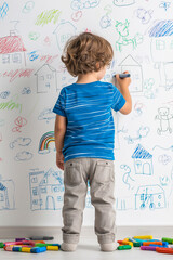 Young child with blonde hair draws colorful illustrations on a white wall, surrounded by art supplies, creating a vibrant and imaginative atmosphere in a bright room