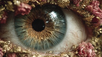 Close-Up of a Human Eye with Gold and Pink Textural Accents