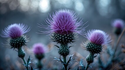 Close-up of purple thistle flowers with spiky stems and blurred background.