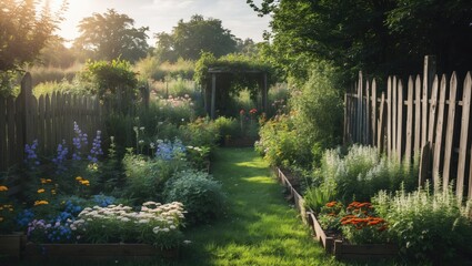 Fototapeta premium A lush garden scene with vibrant flowers, green grass, and wooden fences, illuminated by sunlight, creating a peaceful outdoor environment.