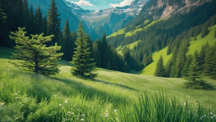 Lush green meadow with scattered trees, mountain range in the background, and vibrant alpine landscape. Nature and scenery, concept. Forests and mountains. The concept of natural beauty and outdoor...