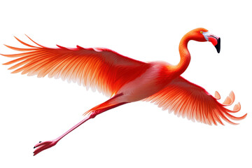 Bright red flamingo bird soaring gracefully in mid-air against a plain background, showcasing its vivid feathers and elegant wings