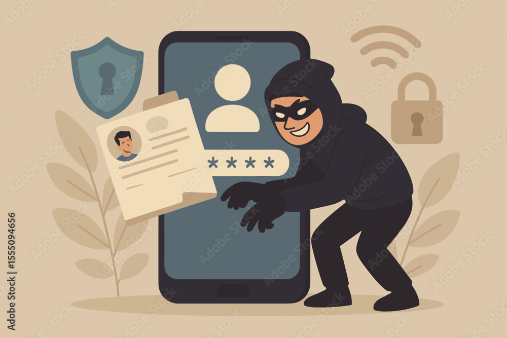 Poster cybersecurity threat hacker stealing personal data and passwords from smartphone. identity theft, on