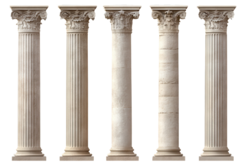 Set of classical columns displaying intricate designs and details isolated on a transparent background for architectural design and artistic inspiration