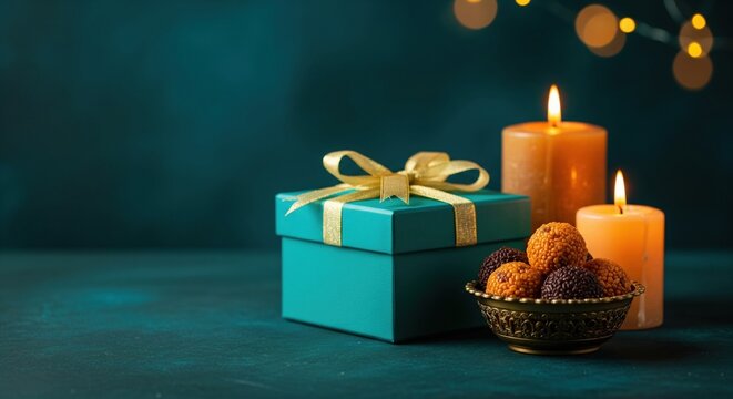 Diwali celebration with sweets, candles and gift box