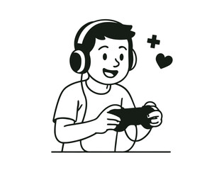 Happy Kid Playing Video Games with Headphones, Line Art Illustration