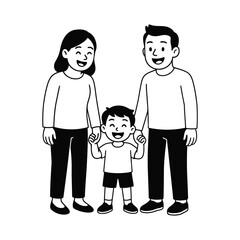 Simple black and white line art illustration featuring a happy family.