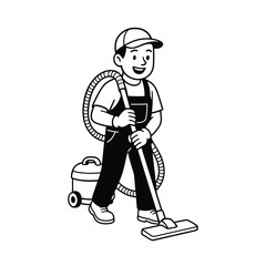 Smiling Cartoon Cleaner Vacuuming Service Illustration