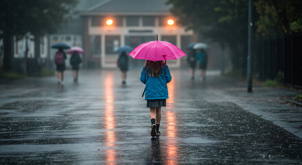 Child walking with umbrella through puddles on rainy school morning

