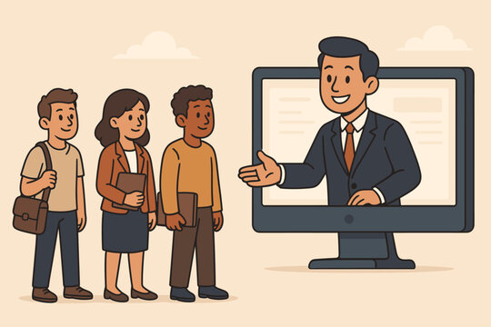 Diverse job seekers lining up for virtual employment opportunity, online recruitment, digital interview, human resources, business hiring process, cartoon vector illustration