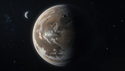 Alien planet with a crescent moon and distant stars in deep space