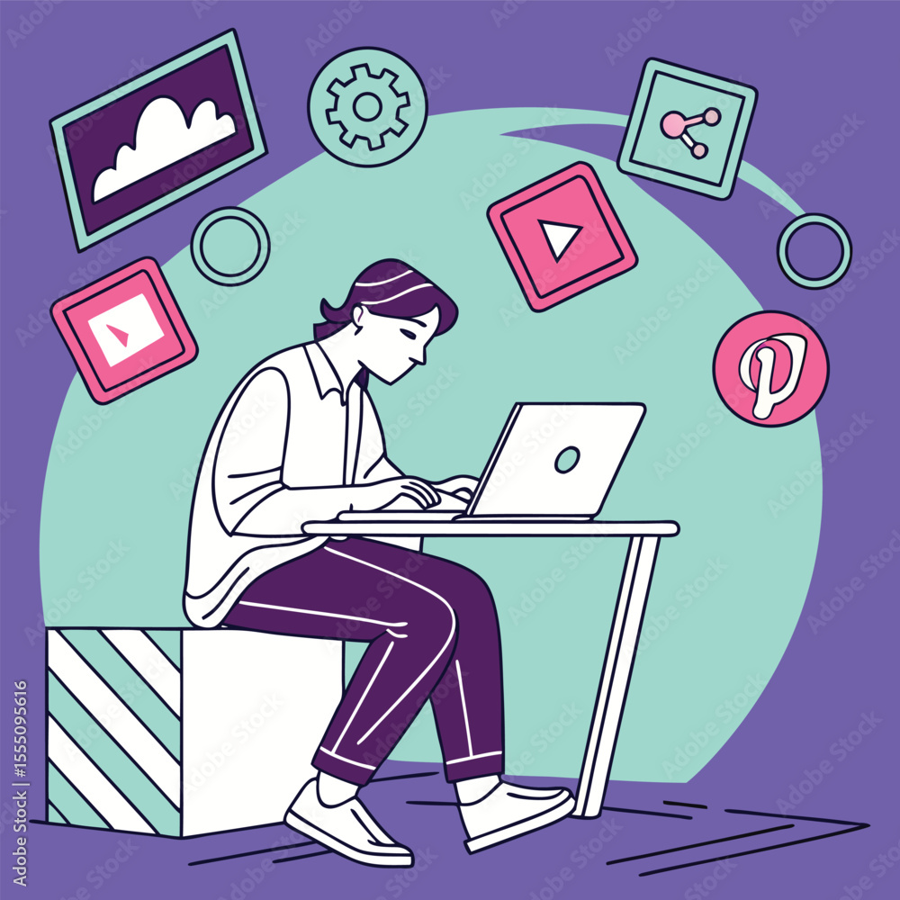 Poster a digital artist is creatively working on a laptop with abstract shapes and design elements floating