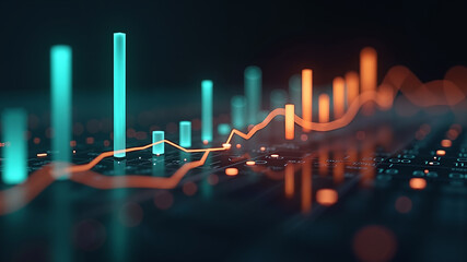 Glowing three-dimensional charts and vibrant neon graphs rise sharply from a polished black reflective surface, visually representing dynamic financial growth trends in a futuristic interface.
