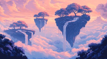 Floating Islands in Dreamland: A dreamlike landscape unfolds, featuring ethereal floating islands with lush trees, waterfalls cascading down to a sea of clouds.