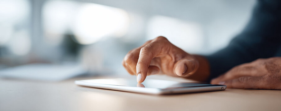 Closeup of a hand touching a digital tablet. Focus on connectivity, technology, communication, and modern lifestyle. Perfect for illustrating business or personal use.