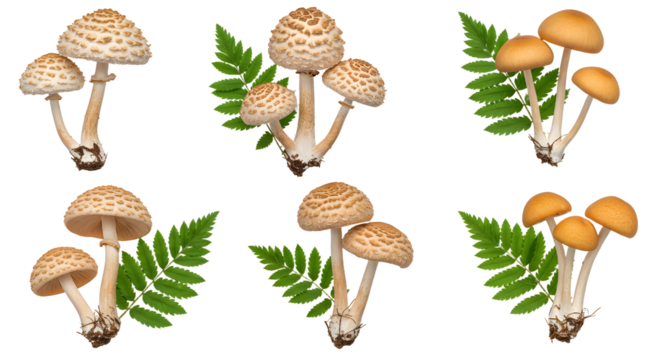 A vibrant collection of various mushroom species surrounded by lush green ferns, showcasing their unique shapes and colors
