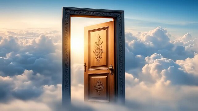Aged wooden door creaking open, exposing luminous cloudscape and mystical portal, representing transformative spiritual passage beyond physical limitations