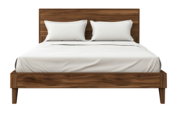 Wood bed with white sheets inviting relaxation in a modern bedroom setting, showcasing comfort and style at any time of day